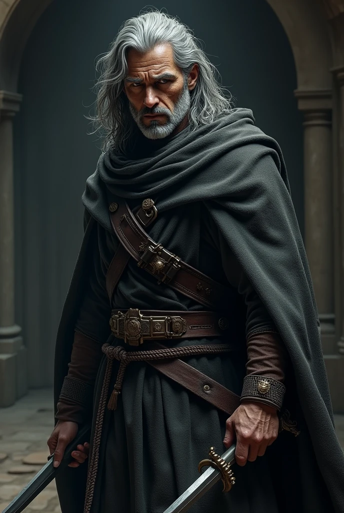 man of 40 years old, with long gray hair, with a gray mustache and goatee. wearing a robe, with a rapier in its sheath and holding a hand crossbow. Medieval killer.