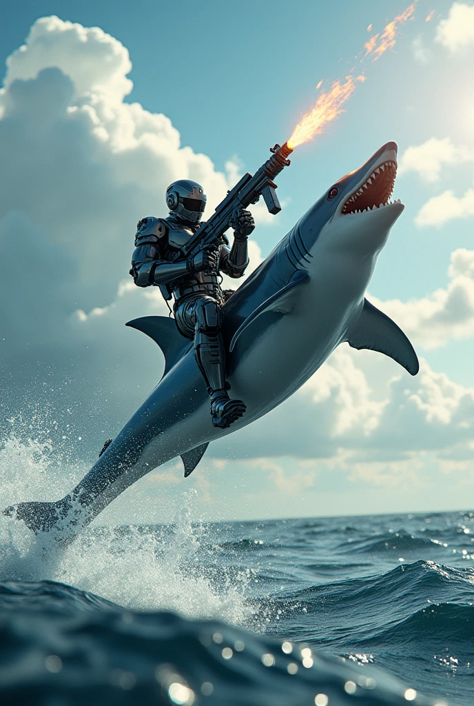 make a shark with a machine gun riding a dolphin while they are jumping in the middle of the sea and spit fire