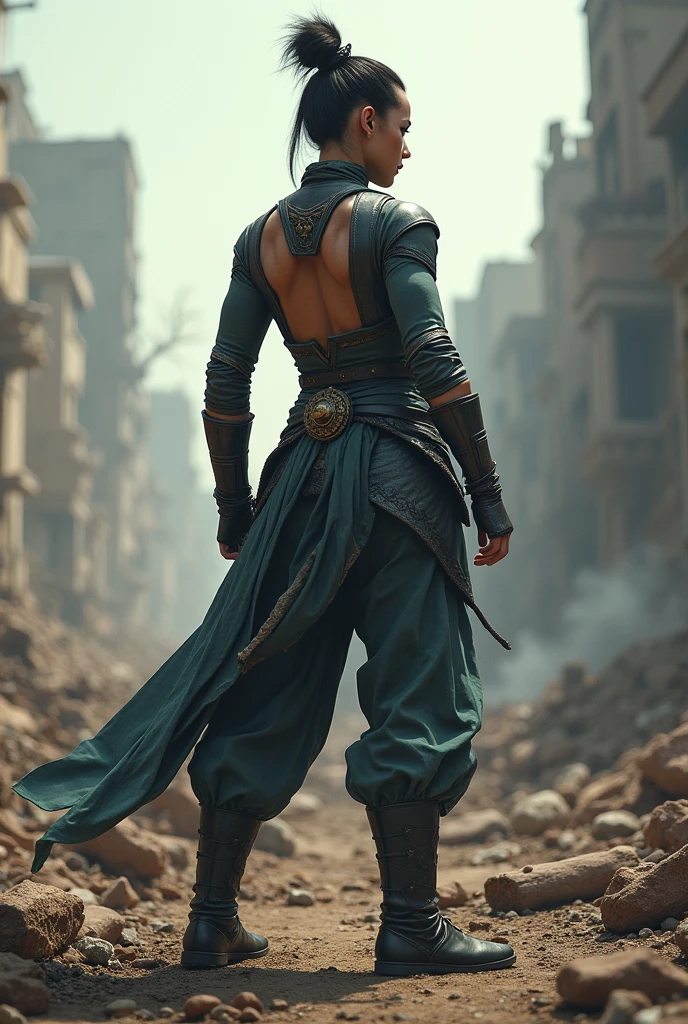 A martial artist from behind in costume, with a background of a war landscape