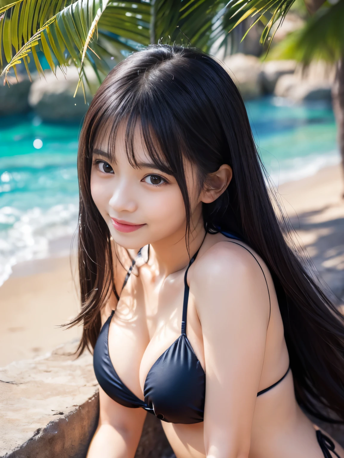 (Best-quality, Masterpiece, Ultra-High-Resolution, (Photorealistic:1.4), Raw Photo, depth of field, professional lighting), 1girl, the most famous Japanese idol, sitting on summer-beach, (((innocent smile))), (((wearing bikini, detailed bikini):1.3)), (((extremely cute and extremely childish face))), (((extremely cute and extremely big black-eyes))), (((extremely beautiful and extremely realistic skins))), (black-long-straight-hair, extremely cute long-eyelashes, extremely cute moist-lips, attractive body)