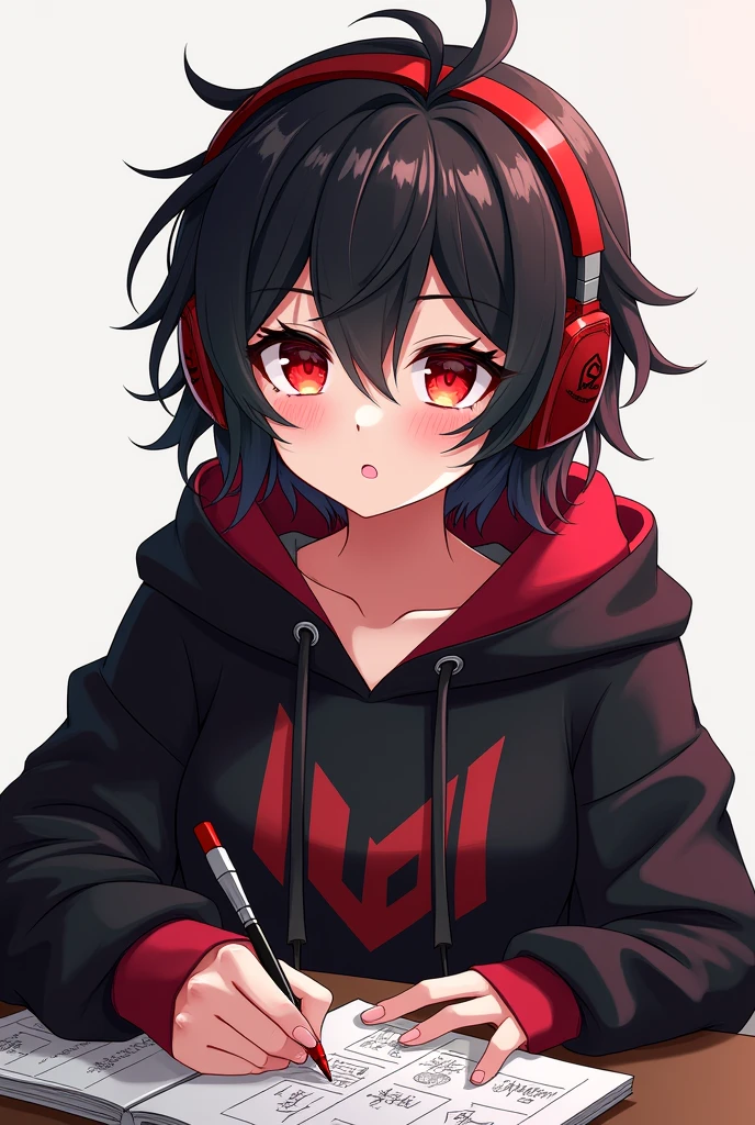 Light skin anime girl, crimson red eyes, short messy black and red hair, with black and red gaming headsets, a black and red sweatshirt that is drawing manga