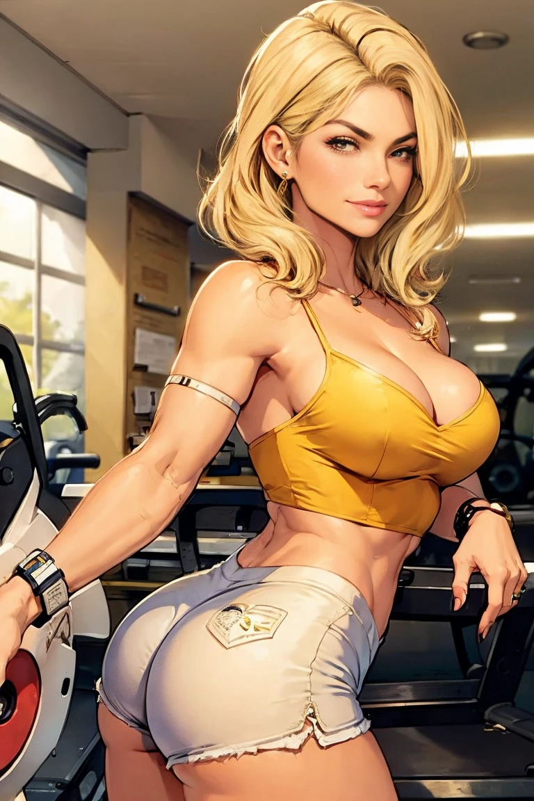 blonde, Linda, insinuating smile, perfectbody, perfect ass, ((short shorts)), ((blouse with neckline)), training at the gym .