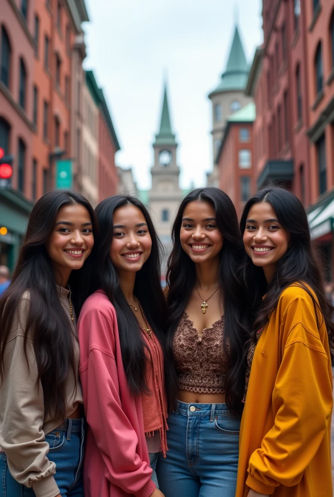 4 best friend girl they're from Indonesia, Venezuela, Chinese-american, and Irak on trip in Bostom
They're beautiful
Full picture
Make it based on etnict
Straight long hair