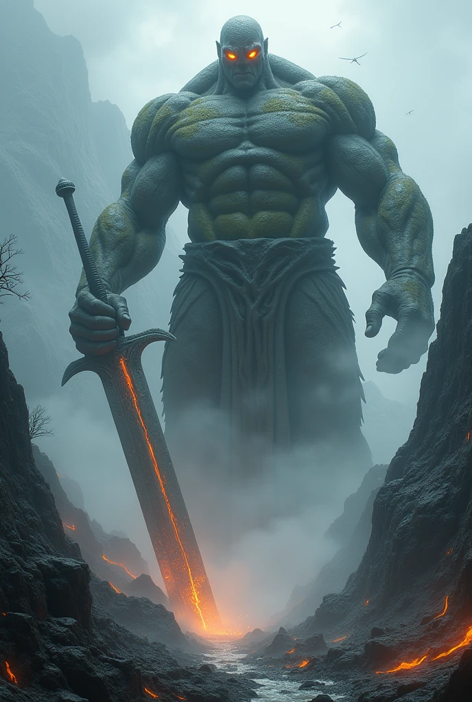 Imagine a vast mountain range, covered by a dense, oppressive fog that partially hides the jagged peaks and deep valleys. In the middle of this scenario, a huge giant appears, so big that its head is lost among the dark clouds. His figure is a terrifying and majestic sight at the same time..
The giant is a stone creature, as if it had been carved directly from the rock of the mountains. His skin is rough and covered in moss, with fissures that glow faintly as if there were lava flowing inside. Your eyes are like two glowing headlights, illuminating the fog around it with an ominous orange glow. He is standing, Stately, with gigantic feet sunk into the earth and rocks, as if he himself were part of the mountain.
Sua postura é Stately, with his chest puffed out and his muscular arms crossed in front of his body. In one hand, he holds a huge stone sword, whose blade is as large as the peak of a smaller mountain. The sword is stuck in the ground, splitting the earth and creating a deep fissure that seems endless. The other hand is open, as if the giant was about to grab something or someone, leaving in the air a sense of imminent danger.
Around the giant, the wind blows fiercely, dragging clouds of dust and rock fragments, as thunder rumbles in the distance, making the mountains tremble slightly. Small rivers of lava run down the sides of the mountains, fueled by the intense heat that seems to emanate from the giant itself, creating a contrast between the orange glow of the lava and the cold gray of the rocks.
On the slopes of the surrounding mountains, ancient, twisted trees are bent as if trying to escape the giant's presence. Some peaks are partially destroyed, as if they had been crushed by its unimaginable strength. The sky above him is a deep gray, dotted with lightning that illuminates the colossal silhouette for brief moments, this