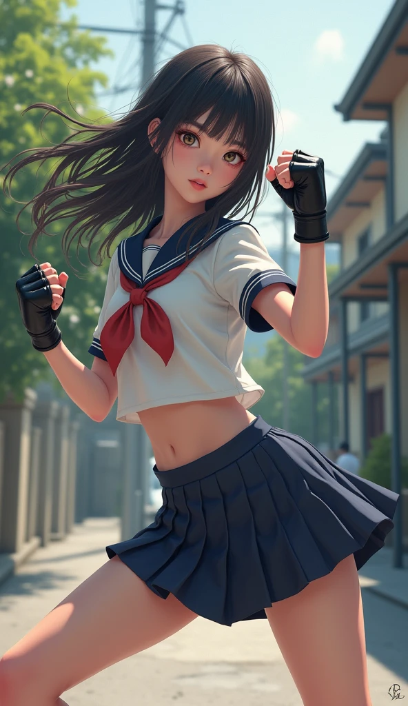 (Official Art、Highest quality、Unity 8k wallpaper、32K、 masterpiece、Ultra-detailed、High resolution,Perfect Anatomy:1.3),(Natural soft light:1.2),Beautiful face and eyes in every detail,Cowboy Shot,(Focus 1 Female,alone),1 Beauty、Japanese, Master of Success:1.5、Black Hair,Long Hair,Blunt bangs,Iris,(Small head:1.4, Ideal body proportions:1.5,skinny:1.2,Small breasts:1.2),(school uniform:1.3、Short sleeve、Sailor suit、Pleated mini skirt、Fighting Gloves:1.5)、((Combat Figure、High Kick:1.3, Standing Split:1.5)),outside of home、Street Fight、