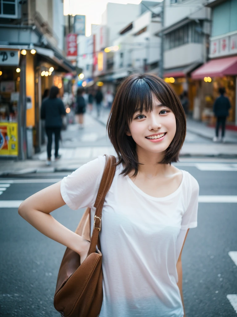 Highest quality、masterpiece、超High resolution、Written boundary depth、(Realistic:1.4)、(Award-winning photo、信じられないほどのmasterpiece:1.3) 、RAW Photos、Golden Ratio、Highly detailed CG Unity 8K wallpapers、Detailed and complex、original、High resolution、RAW Photos、(Perfect figure)、Detailed and complex、Digital SLR、Soft lighting、(Blur people in the background:1.1)、Sigma 85mm F/1.4、50mm Lenac Lighting、Hmph、Ultra-realistic、Color Grade、Dynamic pose、Portrait break、 alone、short hair:1.4、and、Super Beauty、(Just like the whole body:1.2)、Japanese Bodybian、alone)、Thigh Gap、Laughter:1.4、University、cute女子高生、Shortcuts、detailed and realistic、Skin Texture、(リアルな人間のSkin Texture)、Front Viewer、Natural soft light、Daytime、in street、Deep Shadow、cute、2. break、 street、Okinawa、Naha、Kokusai street、Place your right hand palm up at chest height to your side.、