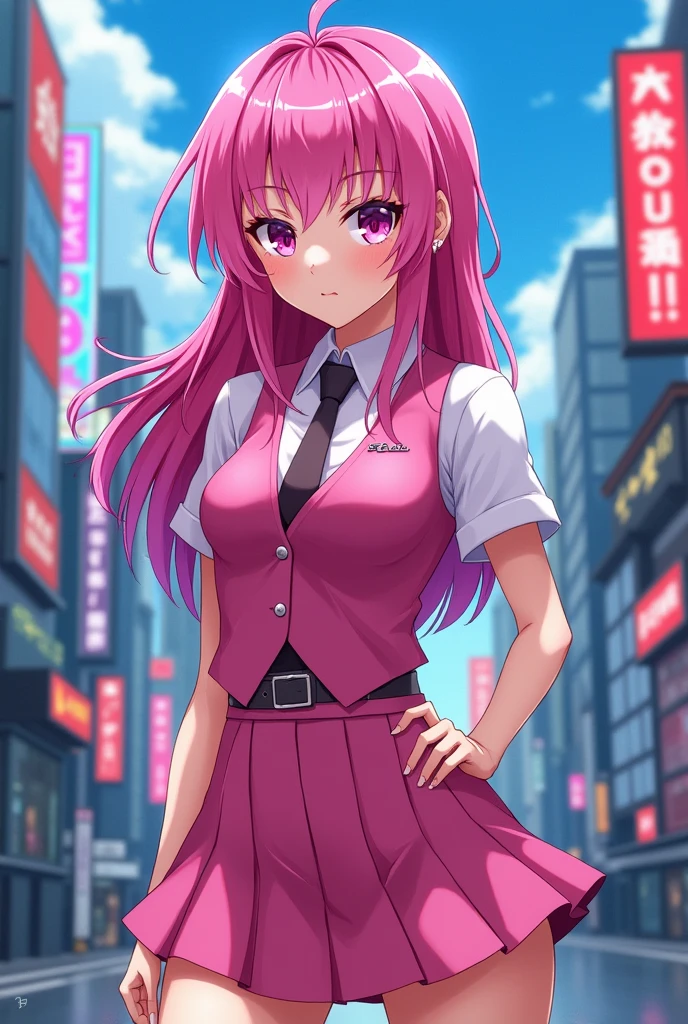 Make an anime girl from Tokyo revengers with pink hair, pink eyes and pink uniform