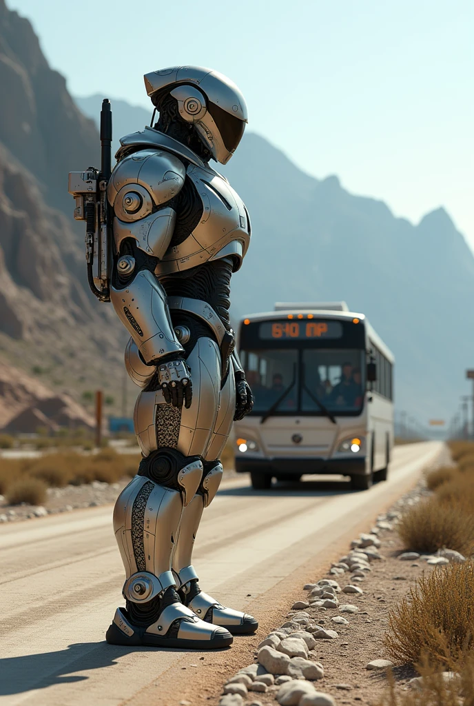 high quality, 8k ultra hd, A robot soldier standing guard at a border and stopping a bus