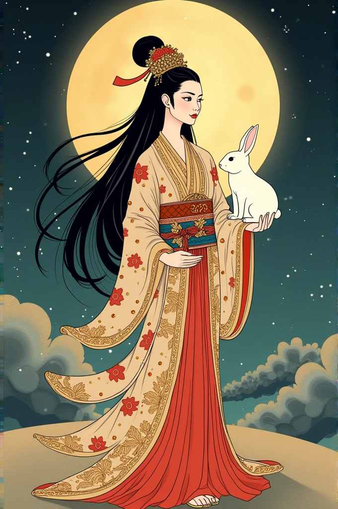 ((best quality)), moon goddess chang&#39;e with her rabbit and a moon behind and ancient japanese style 