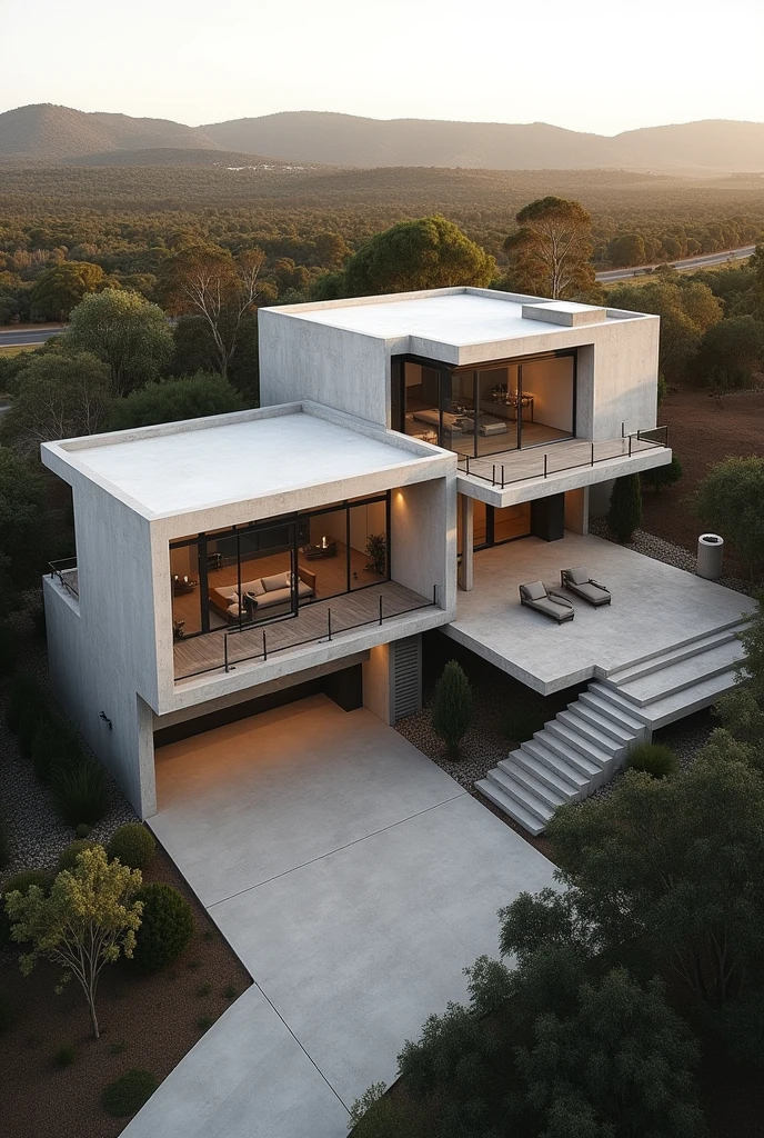 large luxury concrete house in a rural Western Australian coastal city, luxury house, close to mining towns, cyclone-proof, safe, safe from storms, drone shot from above, stable ground, house has driveway, ultrarealistic, soft lighting, 8k