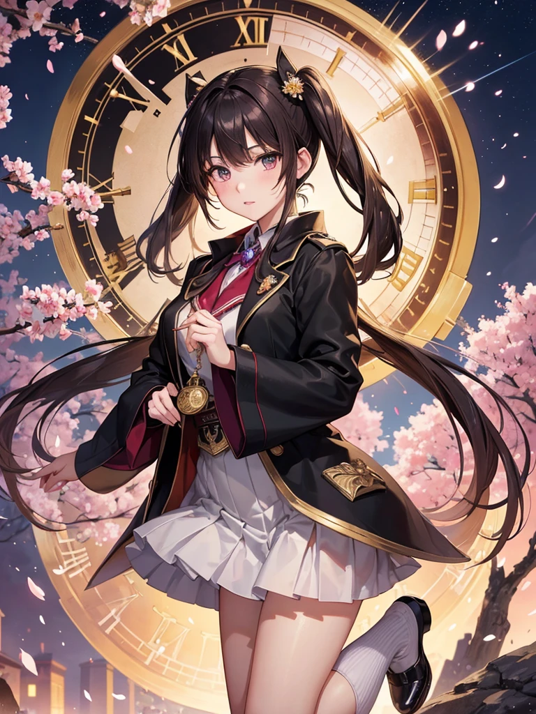 (16K,Ultra-high resolution,Highest quality,masterpiece,Super detailed,Very vivid CG),A beautiful Japanese girl from the future wearing a black coat,Brown hair twin tails,Superpowers,Anatomically correct body,Perfect Shadow,Highly detailed facial features, Beautiful and perfect face, Perfect Eyes,He takes out a gold pocket watch from his palm.,CG effect of a giant clock in the background,spring evening,Cherry blossoms in full bloom and the full moon,Light only by moonlight,Cherry blossom petals fluttering,Brown Skirt