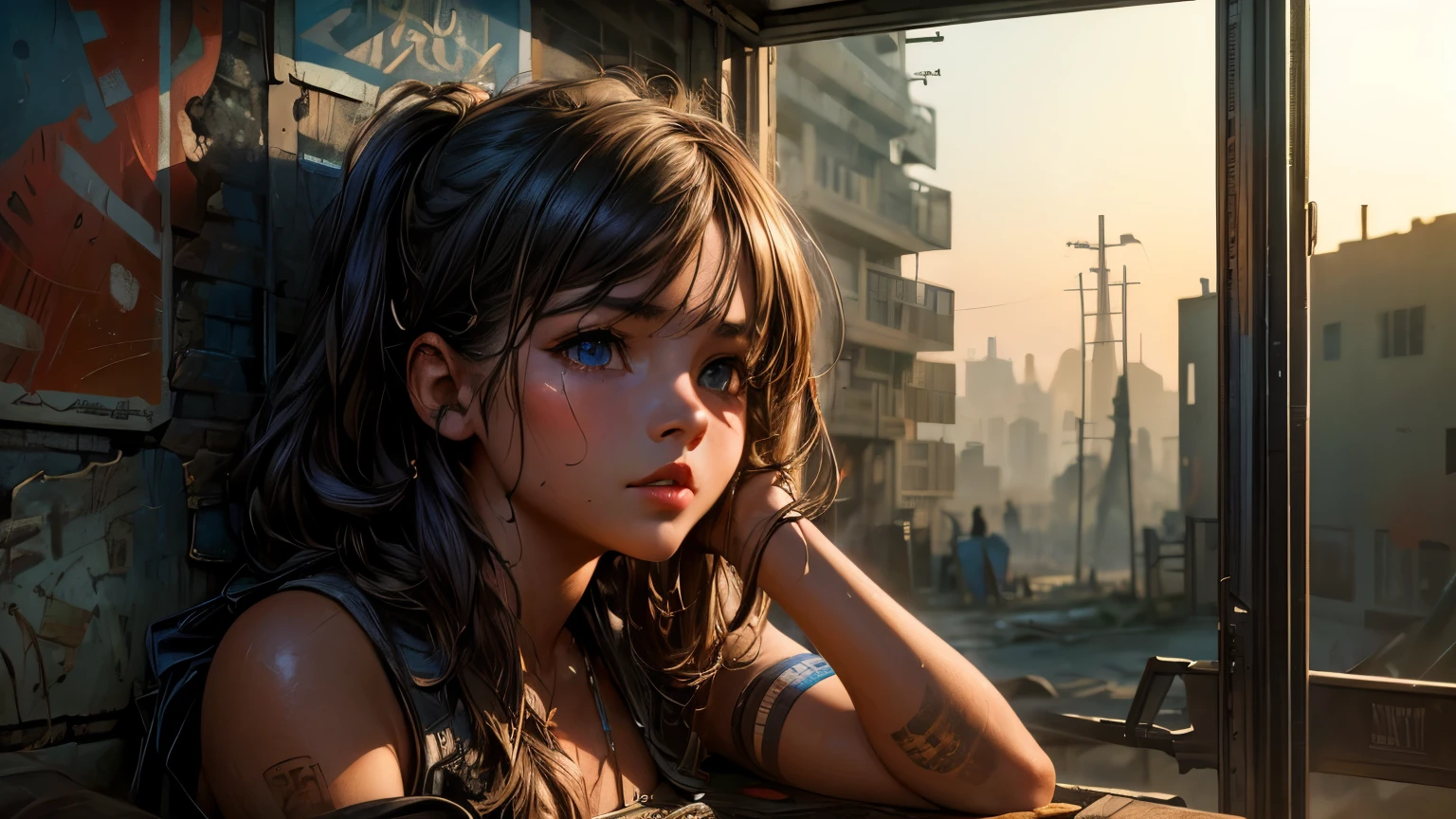 a detailed portrait of a young girl in a slum environment, beautiful detailed eyes, beautiful detailed lips, extremely detailed face, long eyelashes, worn and tattered clothing, sitting on the ground, sun-drenched lighting, warm color tones, gritty urban setting, graffiti-covered walls, discarded trash and debris, sense of resilience and hope, (best quality,4k,8k,highres,masterpiece:1.2),ultra-detailed,(realistic,photorealistic,photo-realistic:1.37),cinematic lighting,dramatic shadows,vibrant colors,depth of field,emotional expression