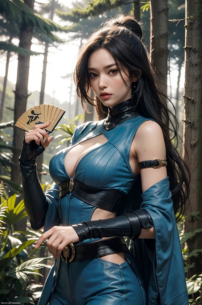 create mortal kombat 9 kitana,holding two fans, in a forest at night 