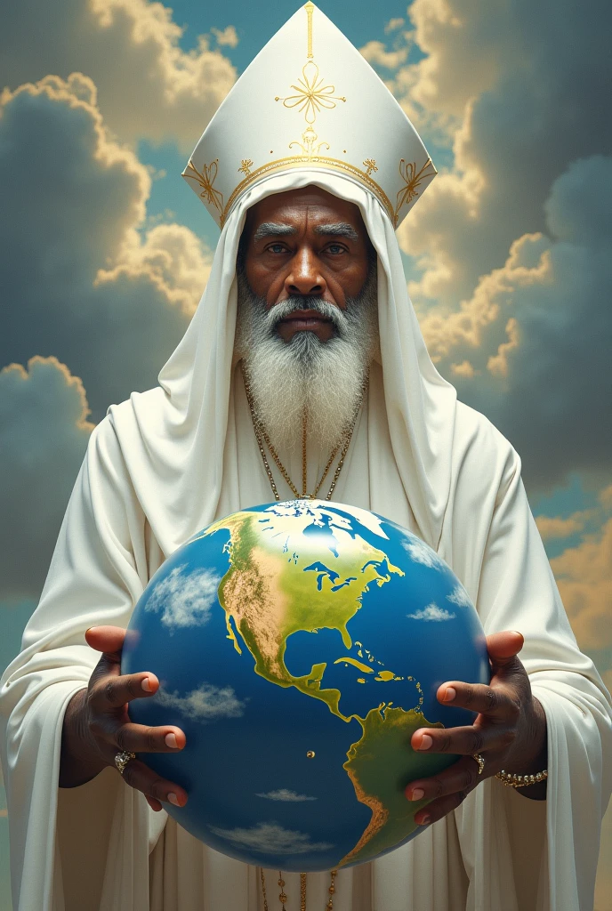 Orixa man Oxalá with black old man a god in the clouds with his white clothes and his white crown and carries in his hands his apoxaro and the world in his hands 