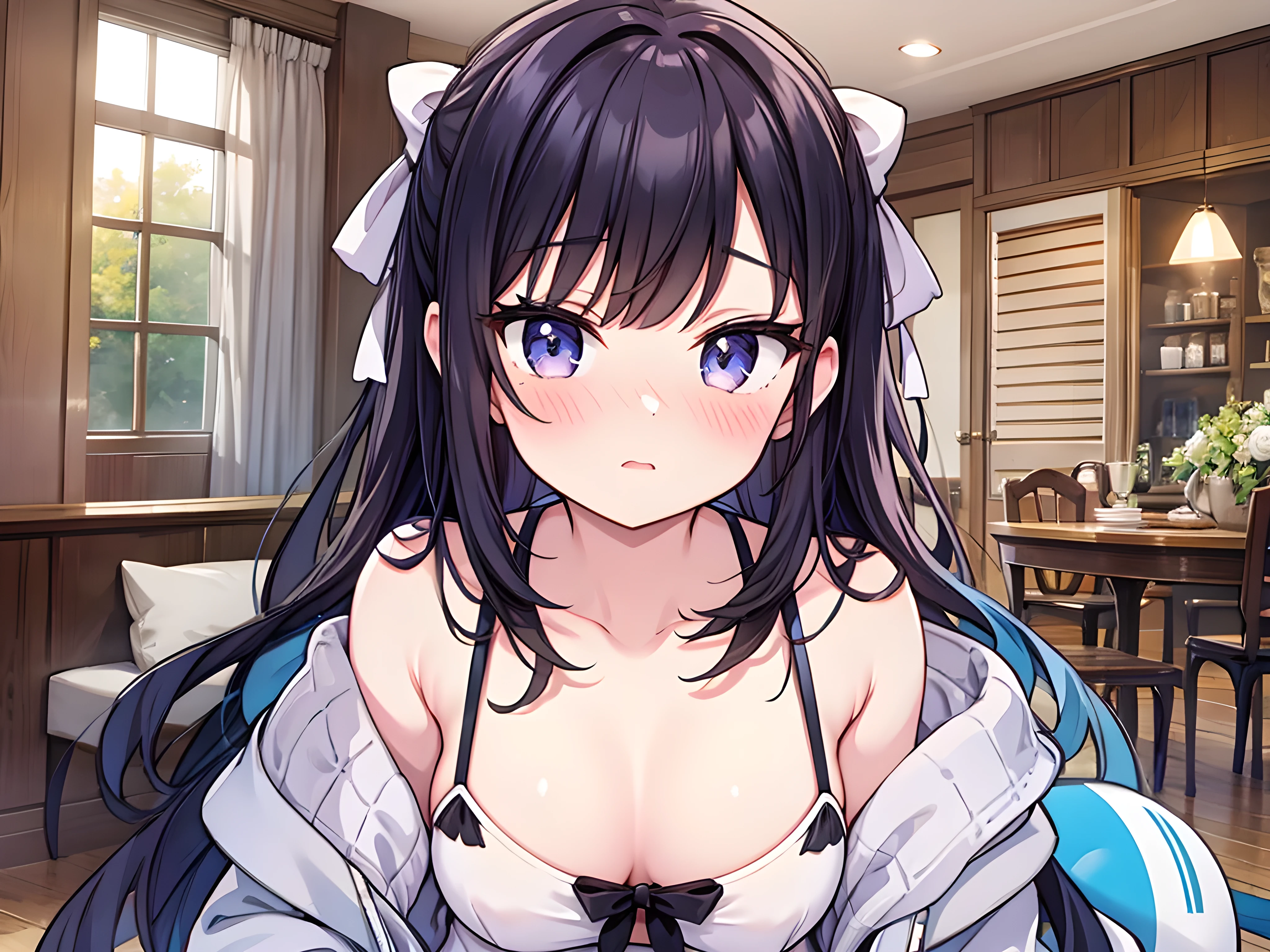 1girl, (child), hime cut,
amazing quality, best quality, highres, (sexy lips),
shade, surprised, nose blush, half unworn clothes, shirt,
bikini top, shorts,