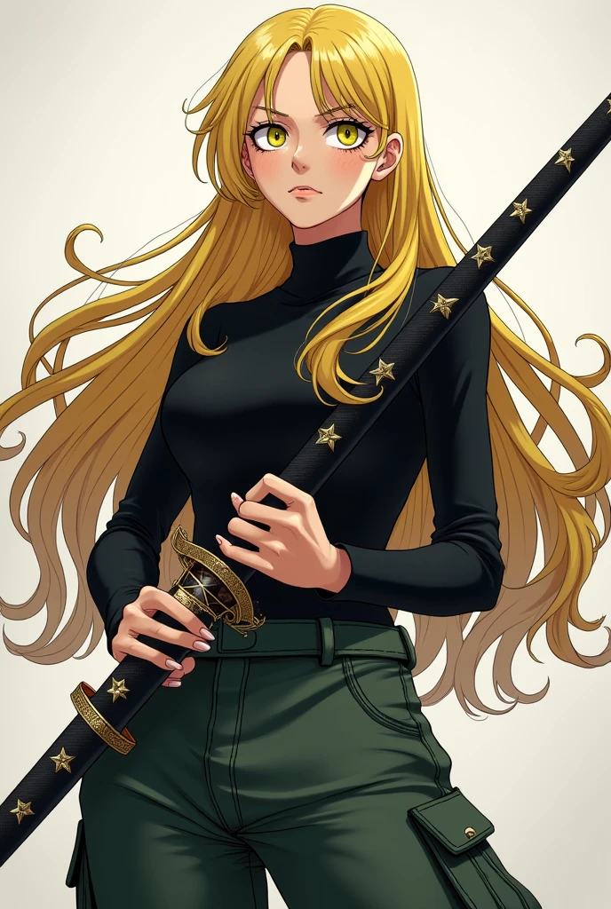 A female character from One Piece with blonde hair, yellow eyelashes and black pupil color, eyes a little tired, half serious and calm look, black long-sleeved blouse and dark green cargo pants. Wearing a katana in his hands with star decorations