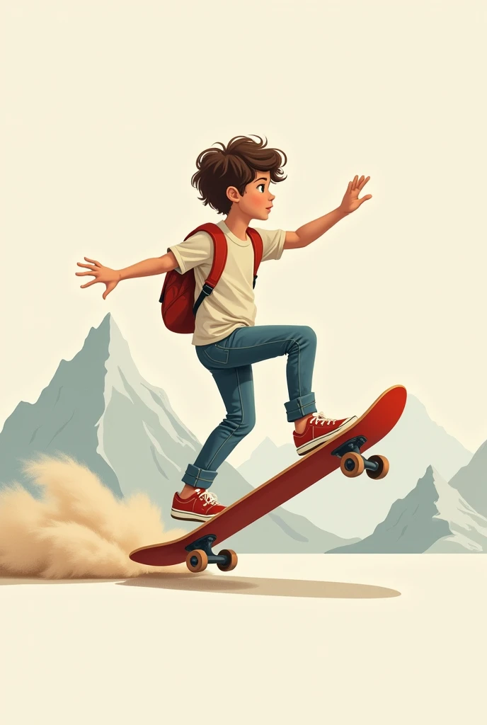 Boy on a skateboard traveling the world, art in logo brand style, Fine art, minimalistic