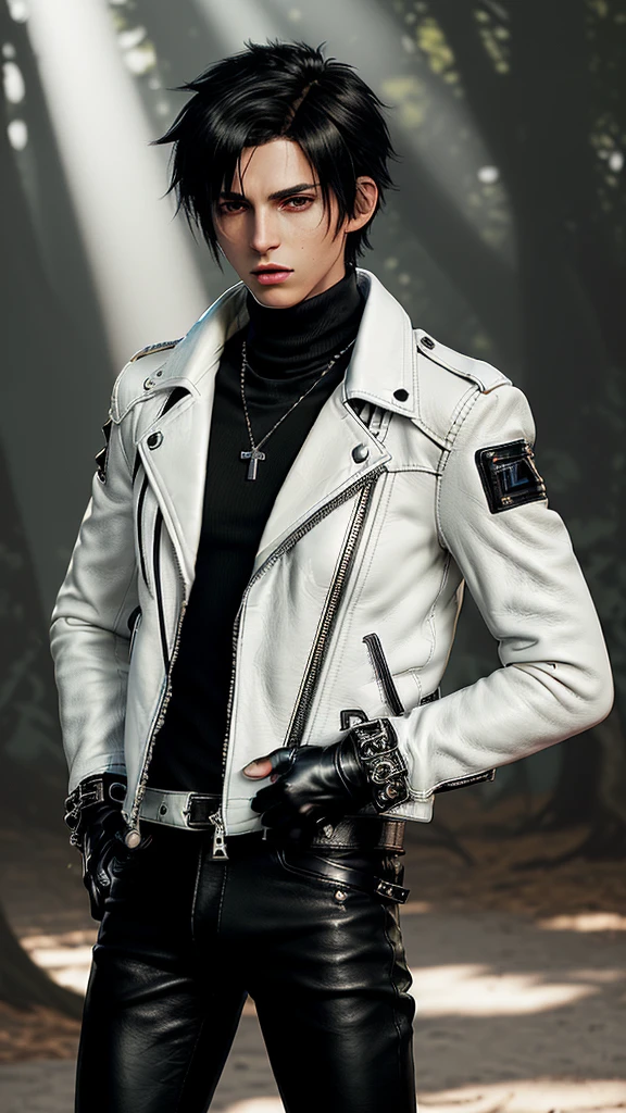 Final fantasy taste and reality graphics, ((Japanese young cute and cool ikemen  boy)), his age is early 20s, thin eyebrows and beady eyes,  (((he wearing off white color single-brest leather jacket and with epaulet))), ((leather jacket is close all zippers)) , ((jacket collar is high length)), ((jacket is stand-up collar with belts)),((jacket is single-brest and  simple design)), ((also wearing black thick turtleneck polyester shirts)), put on tight black leather pants, (((put on black leather glove))),(((covers full finger))), black leather knee-high raceup boots, head-to-toe,whole body,,((boy is outdoors in midsummer)),((hair is black)),((boy clothes felt too hot)),((boy is very sweating)),((boy be exposed in the strong sunlight))