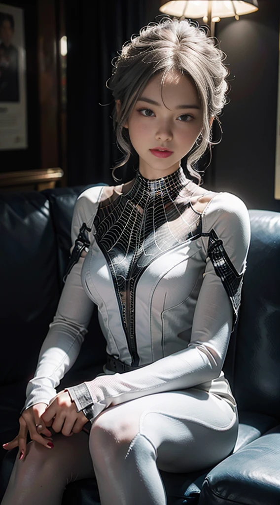 (Extreme Detail CG Unity 8K wallpaper, masterpiece, highest quality), (Exquisite lighting and shadow, highly dramatic picture, Cinematic lens effect), a girl in a white Spider-Man costume, silver gray hair color, from the Spider-Man parallel universe, Wenger, Marvel, Spider-Man, sitting on the couch, dynamic pose), (excellent detail, excellent lighting, wide angle), (excellent rendering, enough to stand out in its class), focus on white Spider-Man costumes, complex spider textures