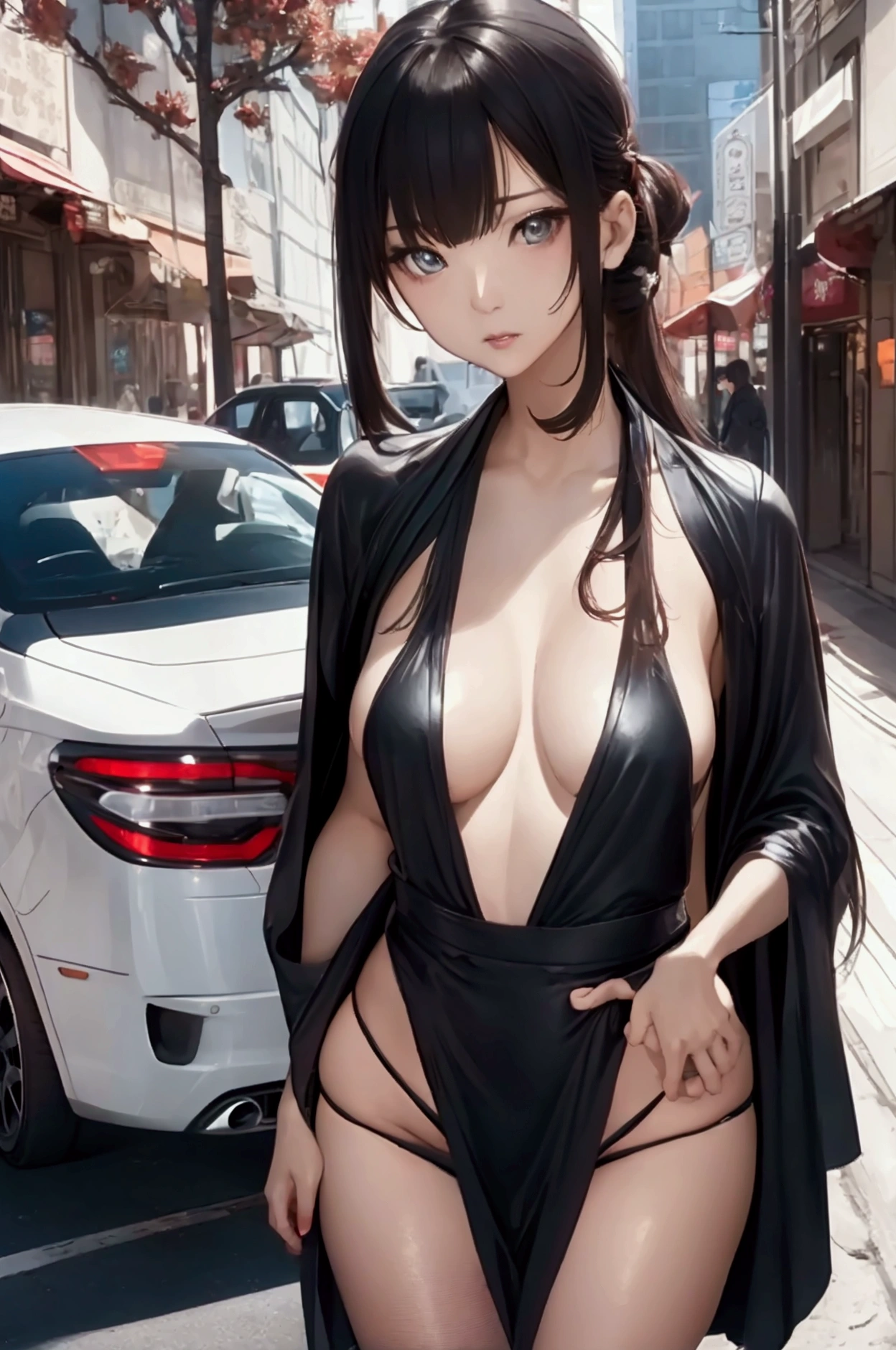 Stand next to the car、Sexy Woman、difficult, Seductive pose、show your panthi
