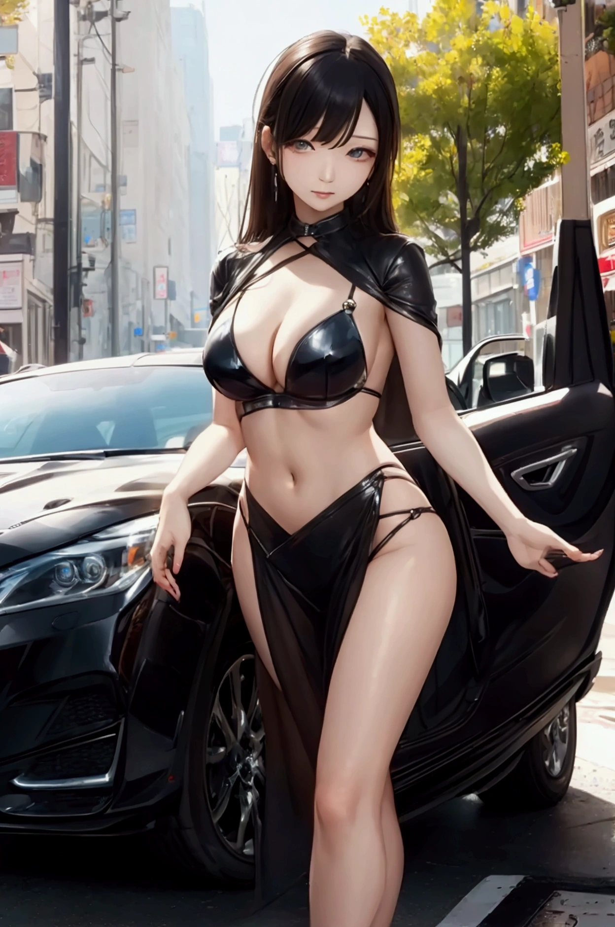 Stand next to the car、Sexy Woman、difficult, Seductive pose、show your panthi