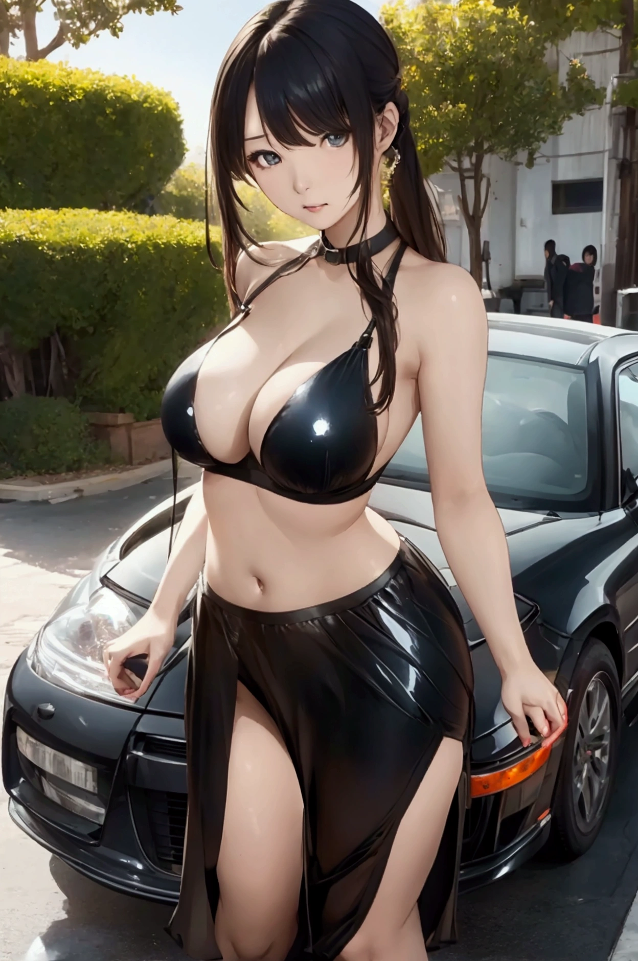 Stand next to the car、Sexy Woman、difficult, Seductive pose、show your panthi