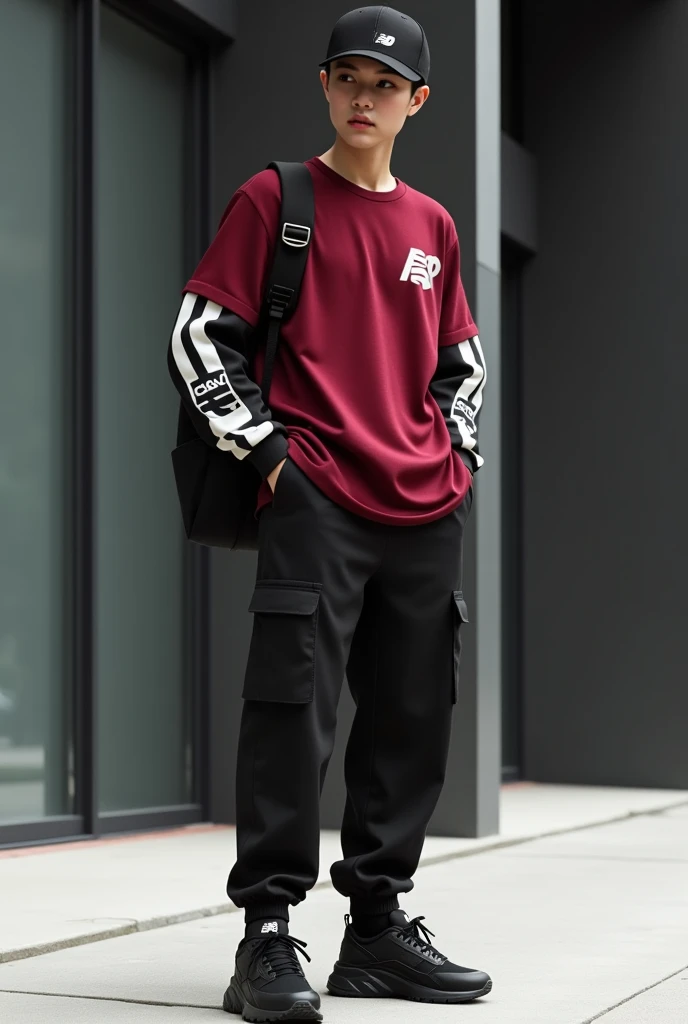 New balance 9060 black with black thin pants yt shert wine red with white and black