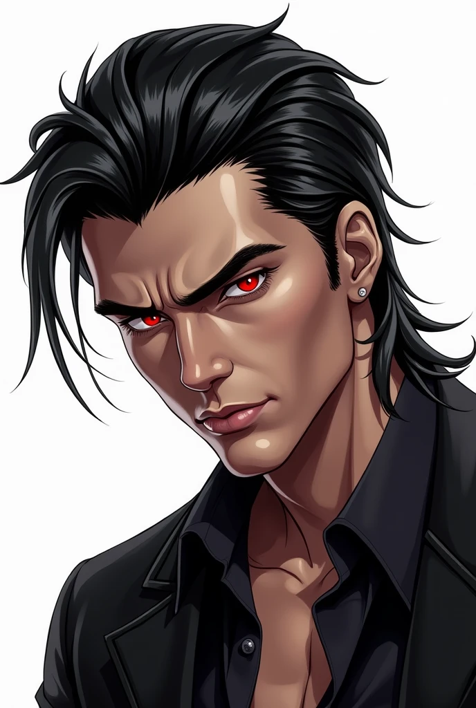 Black haired man Modern mullet hairstyle,red eyes,white background,drawing,More handsome than this