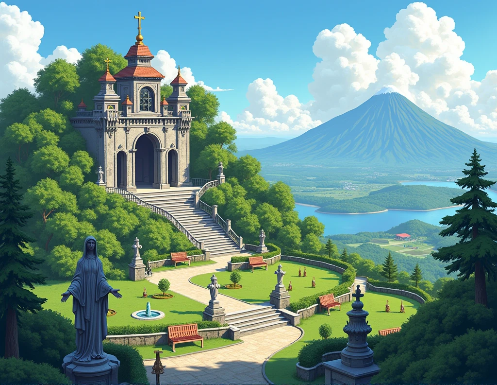 2d of a set atop Mount Sungay, the highest point in Tagaytay, providing visitors with stunning panoramic views of Taal Lake, Taal Volcano, and the surrounding landscape. The park's exterior is a mix of verdant greenery, with pathways lined by trees and various plants native to the region.
The entrance of the park features a grand archway, with a statue of the Blessed Virgin Mary nearby, often visited by pilgrims. As you move further inside, you'll find a mix of open spaces, observation decks, and pavilions. The structures in the park, originally designed as part of a mansion for former Philippine President Ferdinand Marcos, have a somewhat dilapidated, abandoned look due to years of exposure to the elements, giving the place a historic and rustic charm.
The park's main attraction is the "Palace in the Sky," an incomplete mansion that was meant to host dignitaries but never fully served its purpose. The exterior of this building has a worn-out, unfinished appearance, with its concrete walls and structures exposed. Nearby, there are several smaller buildings, gazebos, and terraces where visitors can sit and enjoy the views.
Scattered around the park are various religious statues and monuments, adding to its cultural and spiritual significance. The pathways are generally paved, leading visitors through gardens and past fountains, with benches along the way for rest and relaxation. Overall, the park combines natural scenery with a touch of historical intrigue, offering a tranquil escape for visitors.