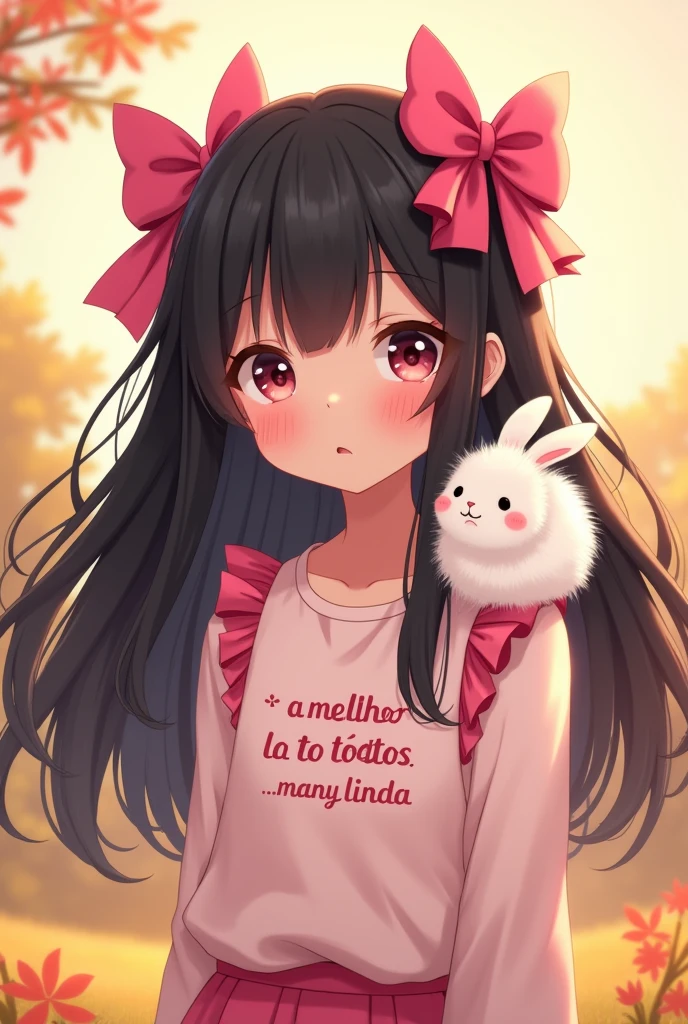 anime with long black hair, with 2 pink bows on the head, pink details, with a fluffy white rabbit on his shoulder, written on the shirt in Brazilian Portuguese THE BEST OF ALL, and below THE BEST OF ALL write MANULINDA