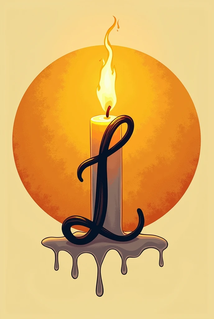 A business card logo of a modern cursive letter embracing a burning L-shaped candle that melts with a visible flame in the center of a modern Miami-worthy all-over gold circle in a punk, hyperreal tone