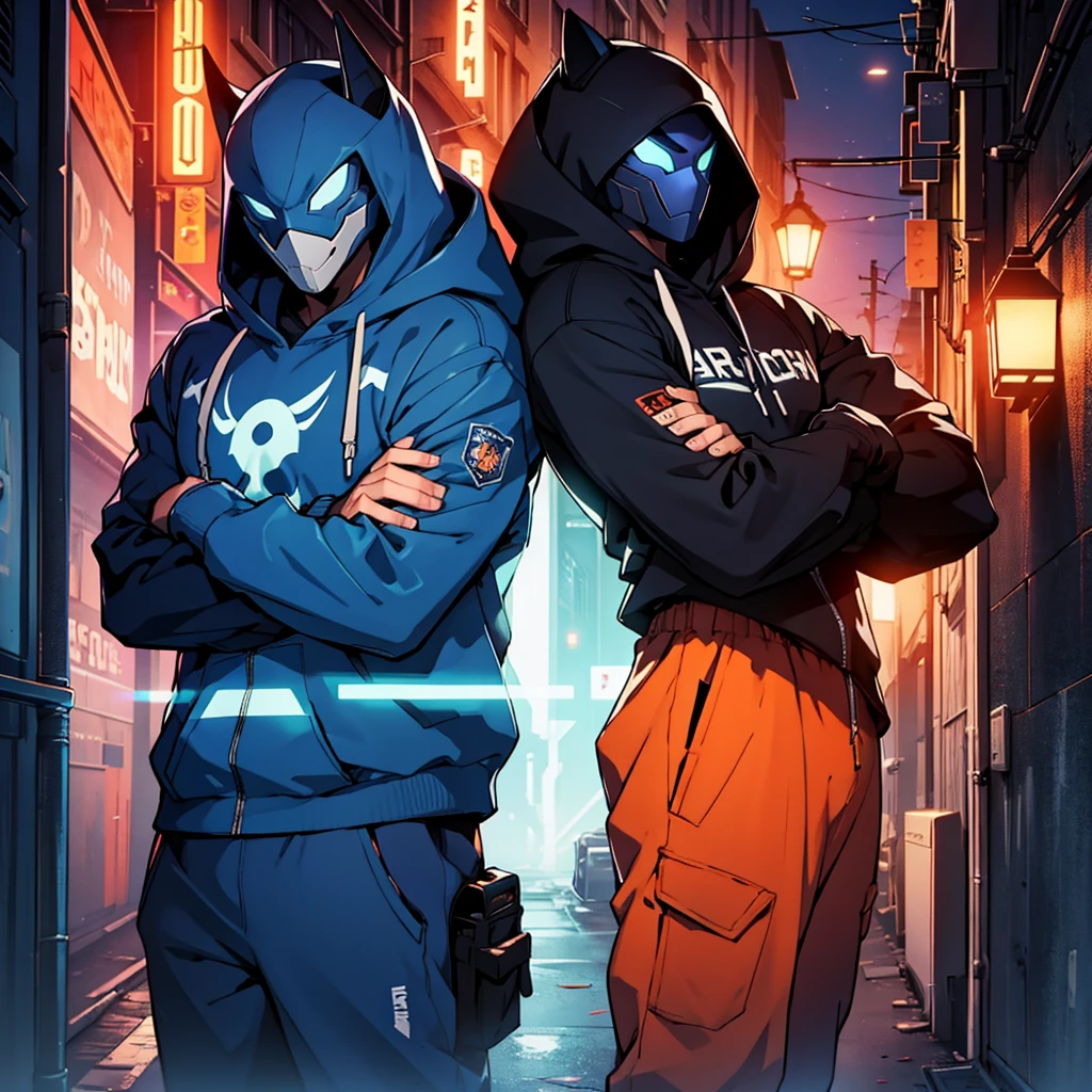 Two guys in hoodies, wearing futuristic masks leaned up against a wall, posing with arms crossed nighttime