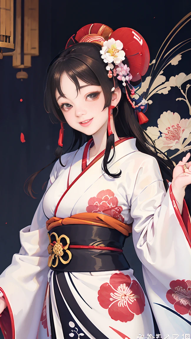 A beautiful woman smiles and shows her upper white teeth、Vividly colored Japanese Ukiyo-e style illustrations、(SeaArt creates stunning illustrations of beautiful women in kimono)、Brown-black long hair、Beautiful full body style、Let&#39;s dance a little Tokyo Ondo Yoiyoi、Beautiful new digital paintings,、Bright vibrant digital anime art、 Detailed digital anime art、 Beautiful anime portraits、background、Torii gate of a shrine in Kyoto, Japan、Detailed CG、