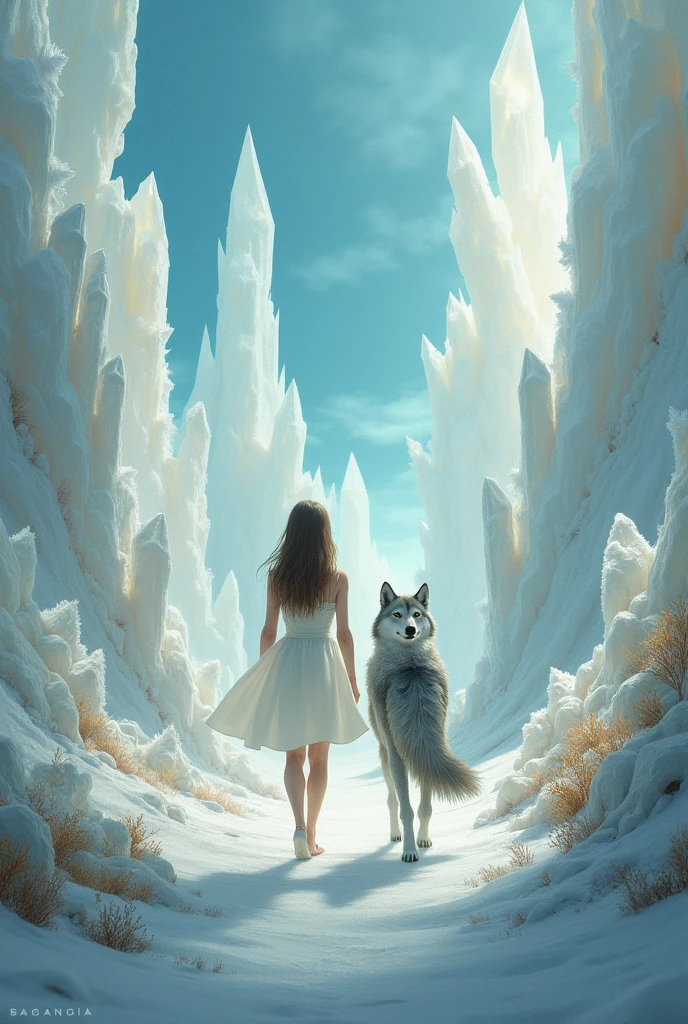  Girl in a simple white dress walking in a paradise of beautiful crystals accompanied by a gray wolf in a suit