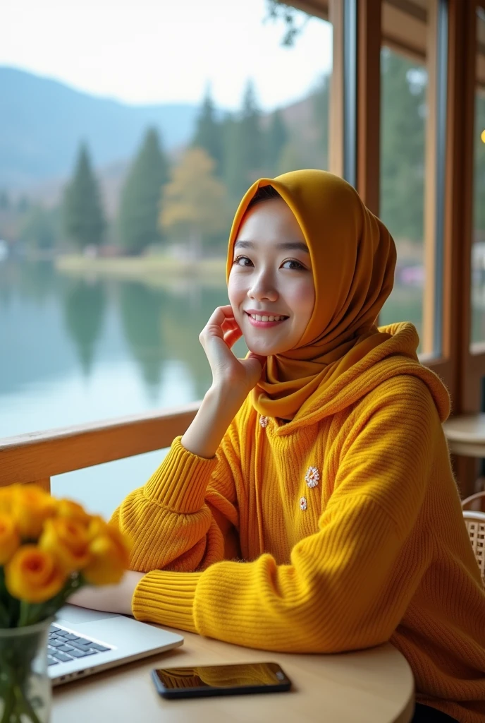 Beautiful Korean girl with white skin. Well-groomed face, gold yellow hijab, gold yellow knit hoodie, decorated with white and red polka dot motifs, gold yellow cargo pants, sitting in the cafe enjoying hot coffee, in front of the table there is an iPhone laptop and gold yellow roses in a flower pot, , on the edge of the lake inside the cafe, with a background, a wide lake, with trees, mountains, original photo, realistic