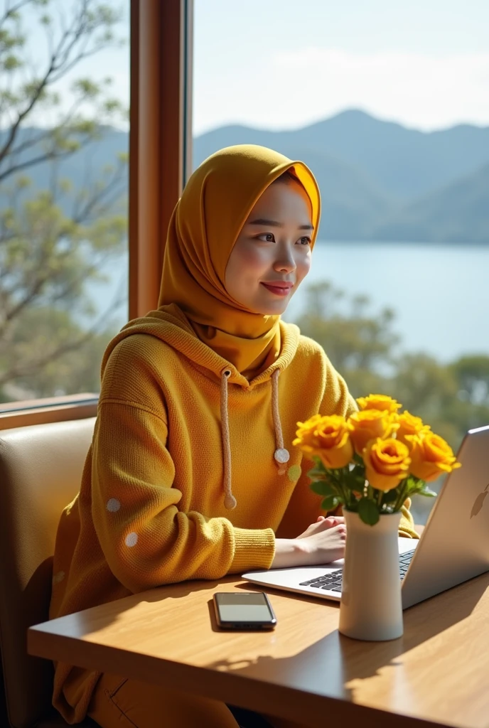 Beautiful Korean girl with white skin. Well-groomed face, gold yellow hijab, gold yellow knit hoodie, decorated with white and red polka dot motifs, gold yellow cargo pants, sitting in the cafe enjoying hot coffee, in front of the table there is an iPhone laptop and gold yellow roses in a flower pot, , on the edge of the lake inside the cafe, with a background, a wide lake, with trees, mountains, original photo, realistic