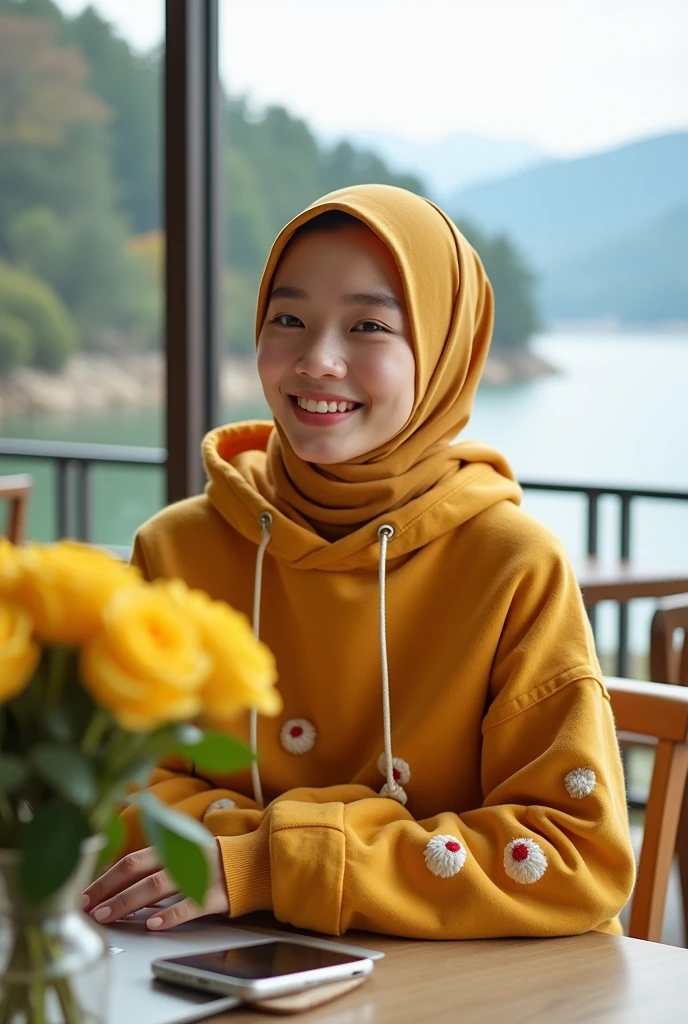 Beautiful Korean girl with white skin. Well-groomed face, gold yellow hijab, gold yellow knit hoodie, decorated with white and red polka dot motifs, gold yellow cargo pants, sitting in the cafe enjoying hot coffee, in front of the table there is an iPhone laptop and gold yellow roses in a flower pot, , on the edge of the lake inside the cafe, with a background, a wide lake, with trees, mountains, original photo, realistic