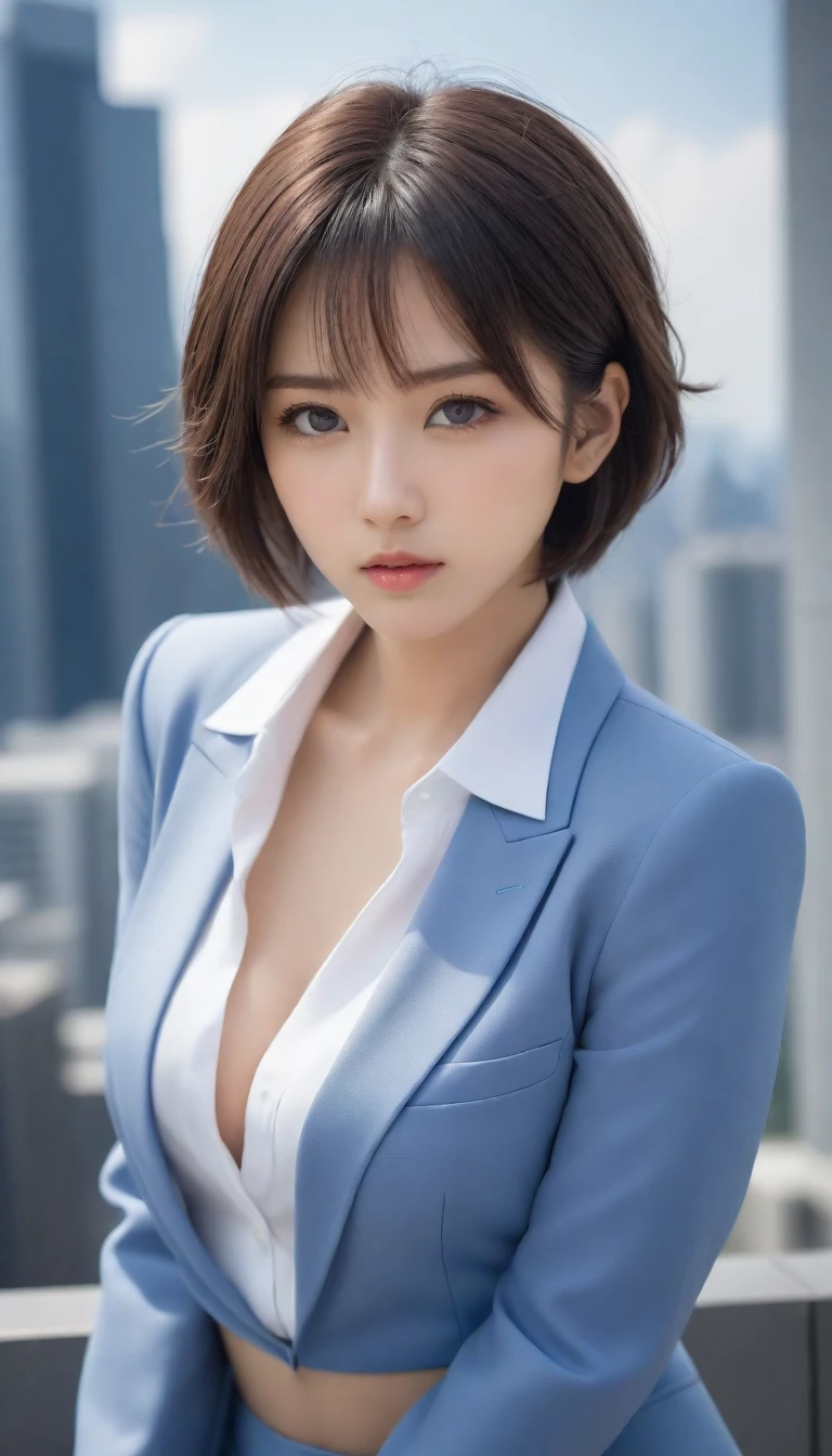 8k, Ultra-high resolution, Highest quality, masterpiece, 三分割法によるphotograph,Surreal, photograph, 1 , (:1.3), cute, cute顔, 細部までBeautiful Eyes, 細かくdetailedに,masterpiece,One Girl:1.2,Japanese women,Female announcer,upper body,glaring,Black short hair,messy hair,from below,(White shirt:1.3),Dark blue blazer,Rooftop,white collar,blue sky,Background of skyscrapers,(Beautiful attention to detail),Subtle details, detailedな顔,anger,Attractive eyes,(ポートレートphotograph:1.4),(Photorealistic images:1.4),Fantasy art,(Beautiful Face:1.4),美しくAttractive eyes、Beautiful Eyes,Silver residue,(Tight waist:1.4)、(Beautiful with perfect body proportions:1.4),Pink Lips,profile,(((Ideal body type))),A-cup small breasts :2,、Portraiture:2、Perfect Anatomy、鮮明なdetailed、detailed,Fashion magazine cover,Thin lips,完璧でBeautiful Face ,完璧でcute顔, Skin with attention to detail, Perfect limbs、Narrow waist,Surreal,Light and shadow,sunlight