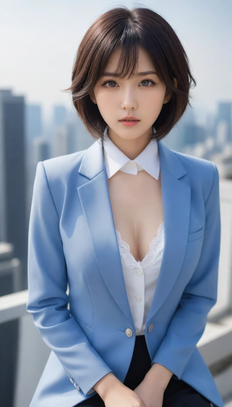 8k, Ultra-high resolution, Highest quality, masterpiece, 三分割法によるphotograph,Surreal, photograph, 1 , (:1.3), cute, cute顔, 細部までBeautiful Eyes, 細かくdetailedに,masterpiece,One Girl:1.2,Japanese women,Female announcer,upper body,glaring,Black short hair,messy hair,from below,(White shirt:1.3),Dark blue blazer,Rooftop,white collar,blue sky,Background of skyscrapers,(Beautiful attention to detail),Subtle details, detailedな顔,anger,Attractive eyes,(ポートレートphotograph:1.4),(Photorealistic images:1.4),Fantasy art,(Beautiful Face:1.4),美しくAttractive eyes、Beautiful Eyes,Silver residue,(Tight waist:1.4)、(Beautiful with perfect body proportions:1.4),Pink Lips,profile,(((Ideal body type))),A-cup small breasts :2,、Portraiture:2、Perfect Anatomy、鮮明なdetailed、detailed,Fashion magazine cover,Thin lips,完璧でBeautiful Face ,完璧でcute顔, Skin with attention to detail, Perfect limbs、Narrow waist,Surreal,Light and shadow,sunlight