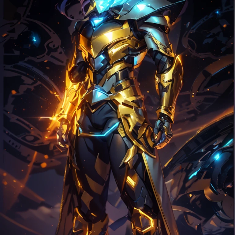 Show the entire body of the male knight. The image presents a highly detailed and futuristic armor designed for a male warrior. The armor combines elements from different parts to create a cohesive and powerful look.

Helmet: The helmet features a sleek, aerodynamic design with a golden metallic finish. It has a central crest that rises upwards, and the visor glows with a bright blue light, giving it a high-tech, futuristic appearance.

Pauldrons (Shoulder Pads): The shoulder pads are large and wing-like, curving outward and upward, with a polished golden finish. These pads extend slightly beyond the shoulders and include a sleek, angular design, providing both a majestic and powerful look.

Chest Plate: The chest plate is intricately segmented, with a combination of gold and dark metallic blue. It has a gem-like crystal in the center that emits a soft, mystical glow. The design of the chest plate is both protective and regal, with sharp, angular lines that add to the overall futuristic aesthetic.

Arm Guards: The arm guards are sleek and streamlined, with articulated golden and purple segments that offer flexibility and protection. The design of the gauntlets is both robust and elegant, incorporating futuristic elements that blend with the classic style.

Leg Armor: The legs are armored with segmented plates that are primarily gold and purple. The boots are angular and sturdy, with a design that conveys both strength and agility. The overall look of the leg armor is grounded yet sleek, completing the ensemble with a powerful stance.

The background of the image is a dark cosmic scene, filled with distant stars and nebulae that highlight the polished surfaces of the armor. Dynamic lighting is used to emphasize the key features, particularly the glowing visor and central chest gem, reinforcing the mystical and imposing nature of the warrior.