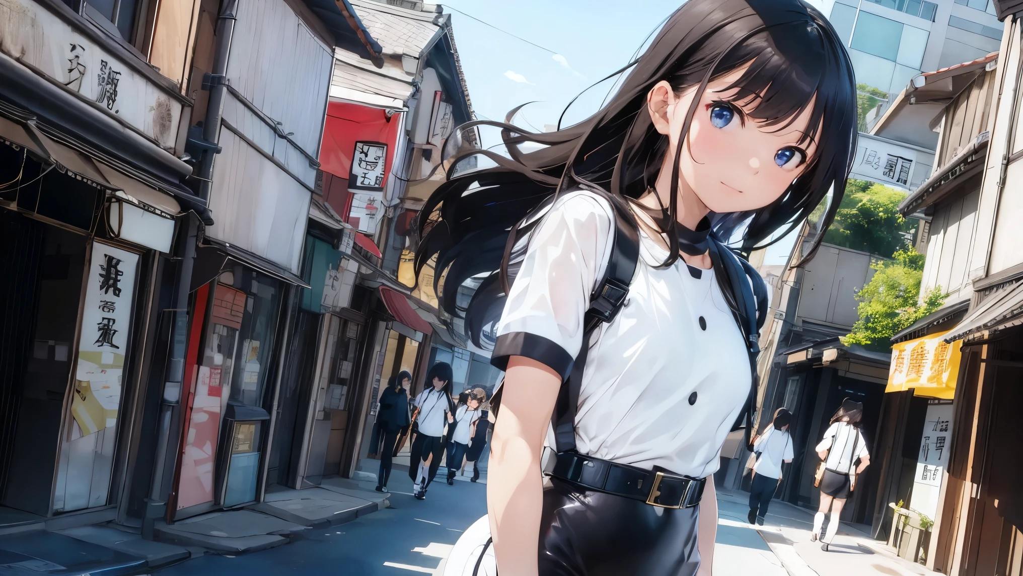 high resolution、High definition、High sensitivity、8k.Japanese、、1、cute、Idol face、Two Side Up Hair、slender、Mid-chest、(black and white high leg bodysuit:1.2)、See-through、Harness Belt、Gun Holder、(POLICE armband:1.3)、(Hold a gun、Firing:1.3)、bustling street、