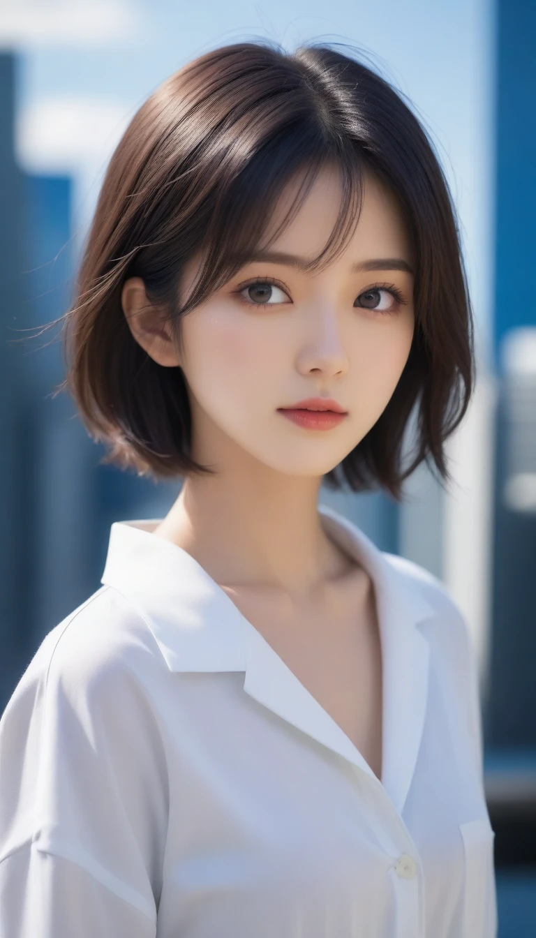 8k, Ultra-high resolution, Highest quality, masterpiece, 三分割法によるphotograph,Surreal, photograph, 1 , (:1.3), cute, cute顔, 細部までBeautiful Eyes, 細かくdetailedに,masterpiece,One Girl:1.2,Japanese women,Female announcer,upper body,glaring,Black short hair,messy hair,from below,(White shirt:1.3),Dark blue blazer,Rooftop,white collar,blue sky,Background of skyscrapers,(Beautiful attention to detail),Subtle details, detailedな顔,anger,Attractive eyes,(ポートレートphotograph:1.4),(Photorealistic images:1.4),Fantasy art,(Beautiful Face:1.4),美しくAttractive eyes、Beautiful Eyes,Silver residue,(Tight waist:1.4)、(Beautiful with perfect body proportions:1.4),Pink Lips,profile,(((Ideal body type))),A-cup small breasts :2,、Portraiture:2、Perfect Anatomy、鮮明なdetailed、detailed,Fashion magazine cover,Thin lips,完璧でBeautiful Face ,完璧でcute顔, Skin with attention to detail, Perfect limbs、Narrow waist,Surreal,Light and shadow,sunlight