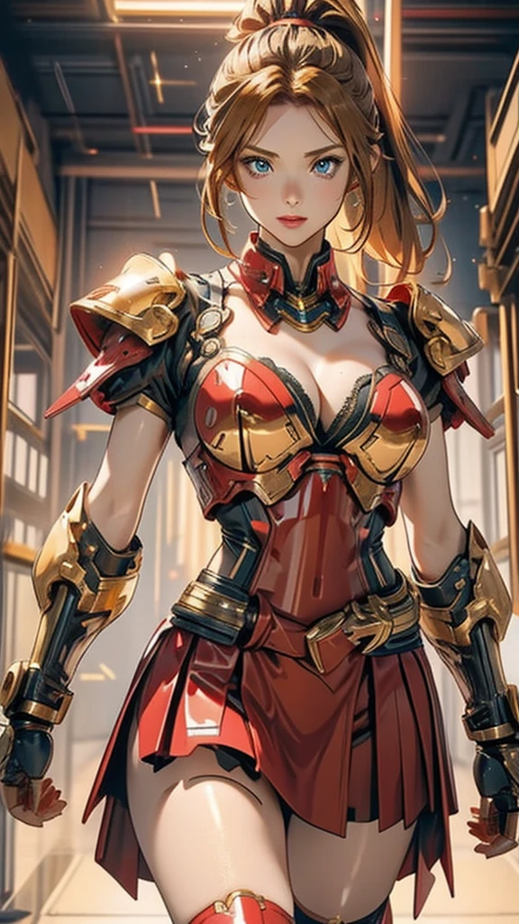 red translucent armor，Arm mecha，Short golden hair，Long ponytail hairstyle，Large Breasts，Cleavage，Pistol hanging from waist，fighter pilot，fighter hangar，sexly，Lipstick，Miss，Golden Eyes，stockings，Short skirt，action，In battle，Portable electromagnetic thunder cannon mounted on the back