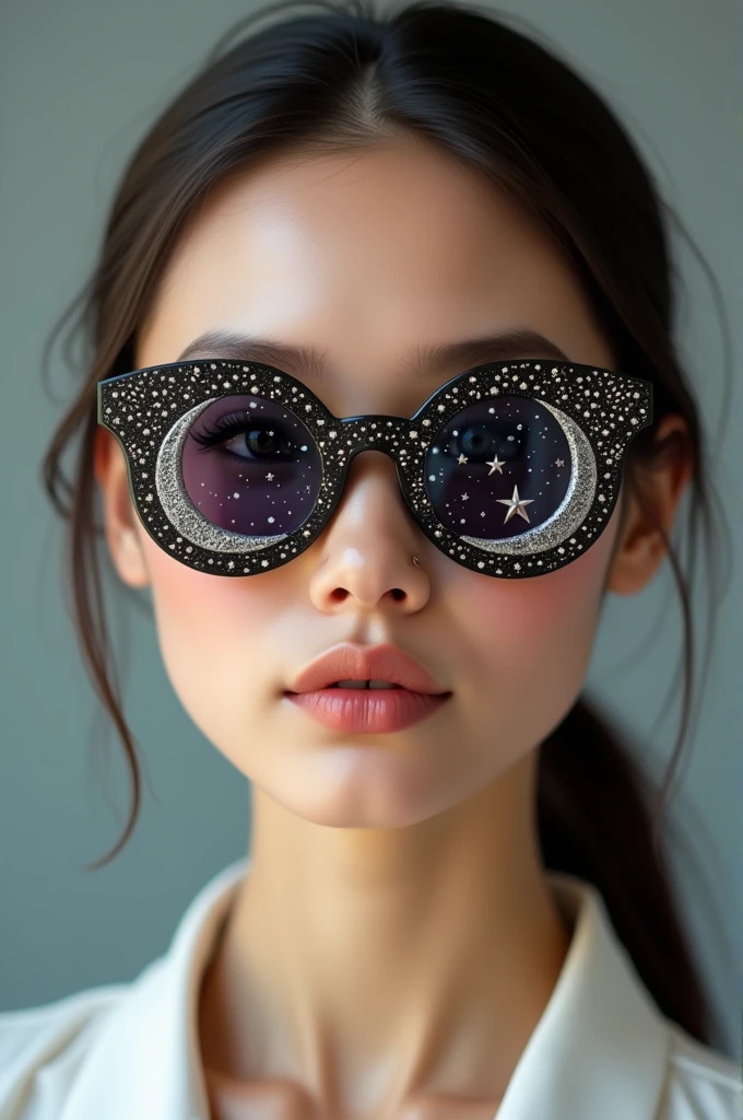 The model is wearing glass sunglasses with stars and the moon on the glass