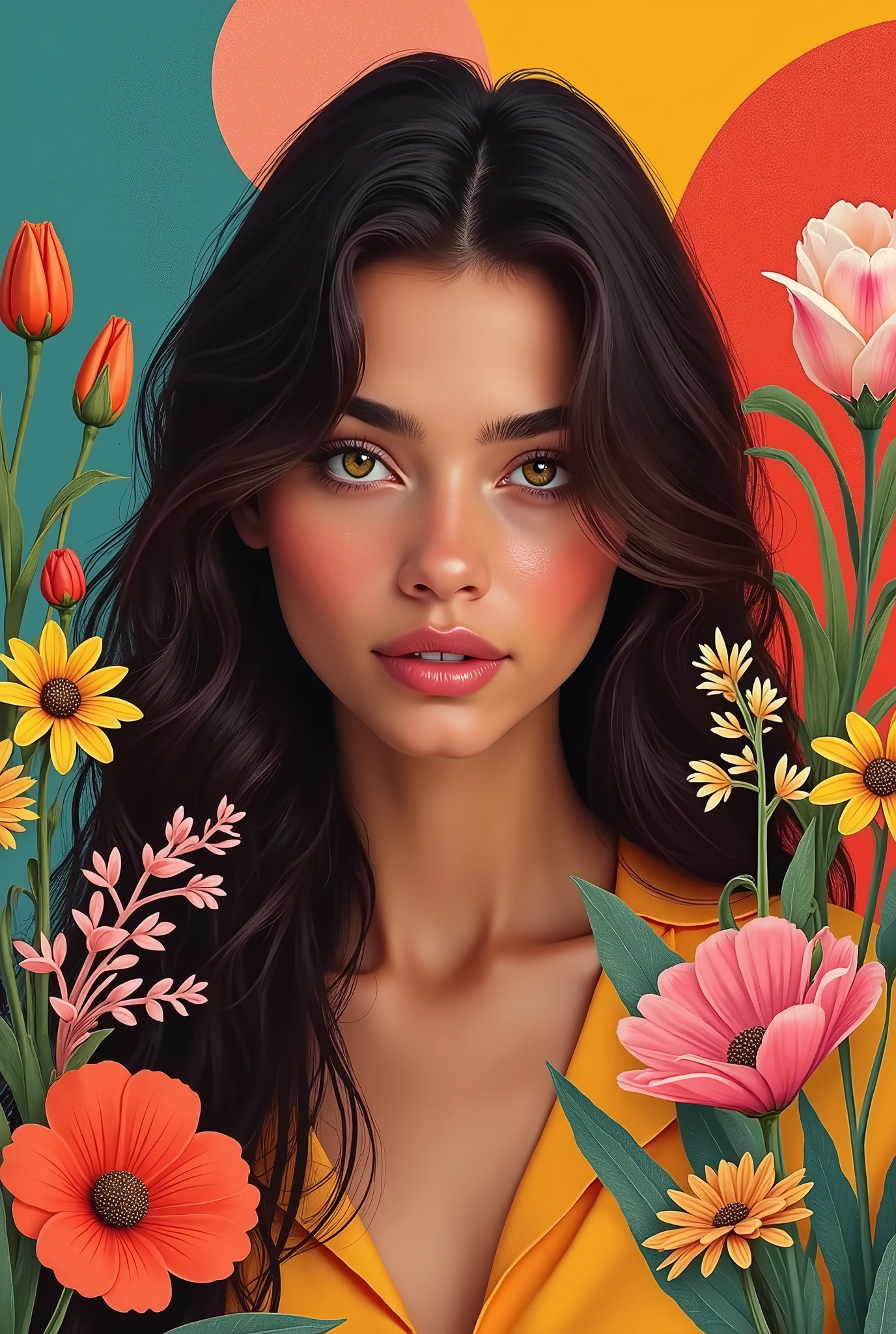 A beautiful and gorgeous Cuban model, with honey-colored eyes and loose brown hair, immersed in the center of a collage of colors, alive, solids and degraded, perennials, bright and cheerful.
