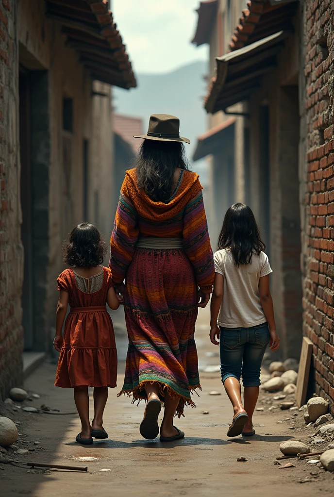 A cholita and two girls walking back to back Coming out of an alley