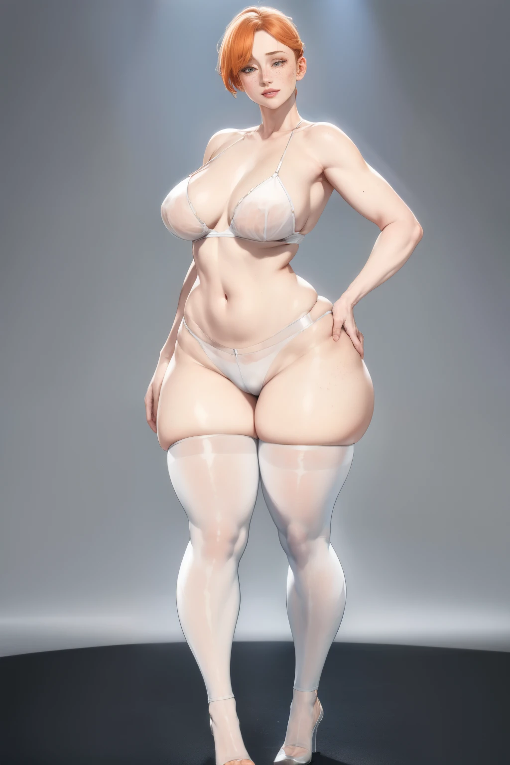 Ultra-realistic 8K CG，flawless face，impeccable perfection，wide hip, Waist slender, thick thight，tight tiny transparent white micro shorts，tight tiny transparent white micro bra，Standing on the floor，freckles，huge tit，Breasts huge，Um sagging chest，Legs long，Scrawny，being thin，sagging chest，revealing breasts，show ass, show full body from head to toe.
