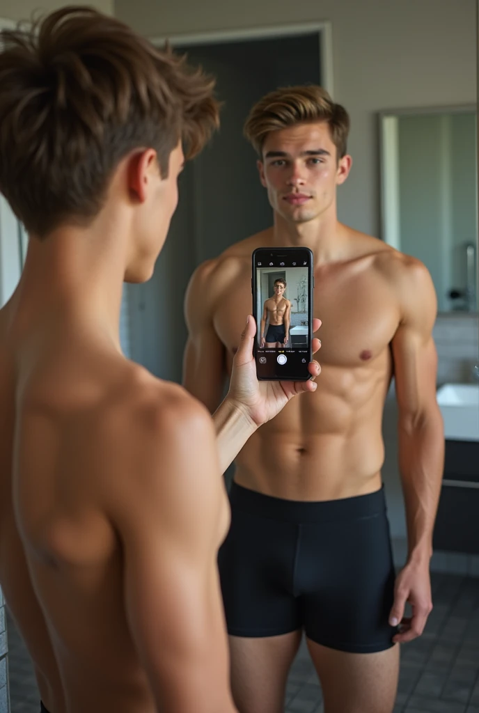 Make a fit teenager take a picture in the mirror with his cell phone 