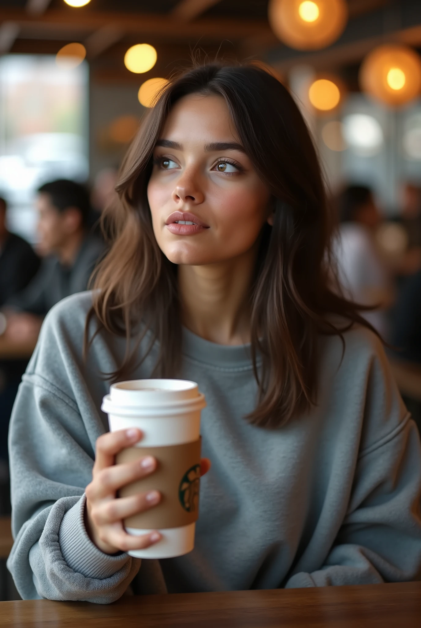 Gorgeous 20 year old girl, with straight hair, Poil long, brown-hair, Brown eyes, métis, generous chest, tenant dans sa main café, dans un starbucks, realistic, habillé avec un sweat oversize gris, espagnole, with other people, assise, post Instagram, looking to the side, cup surrounded by cardboard