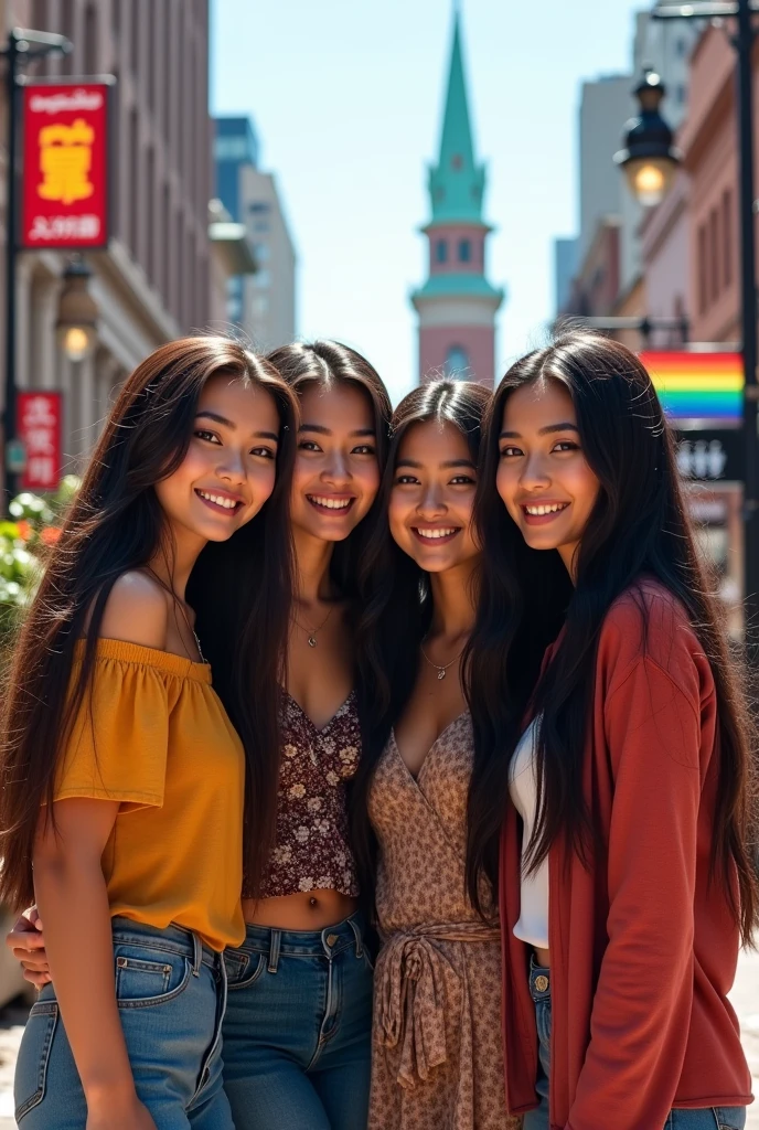 4 best friend girl they're from Indonesia, Venezuela, Chinese-american, and Irak on trip in Bostom
They're beautiful
Full picture
Make it based on etnict
Straight long hair